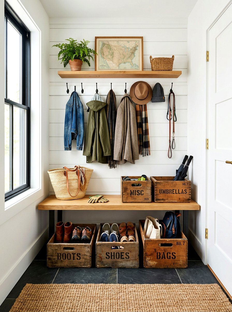 Vintage wooden crate mudroom storage - 30 heirloom decor ideas