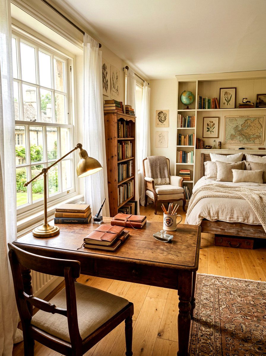 Vintage wooden desk - 30 light academia bedroom ideas
