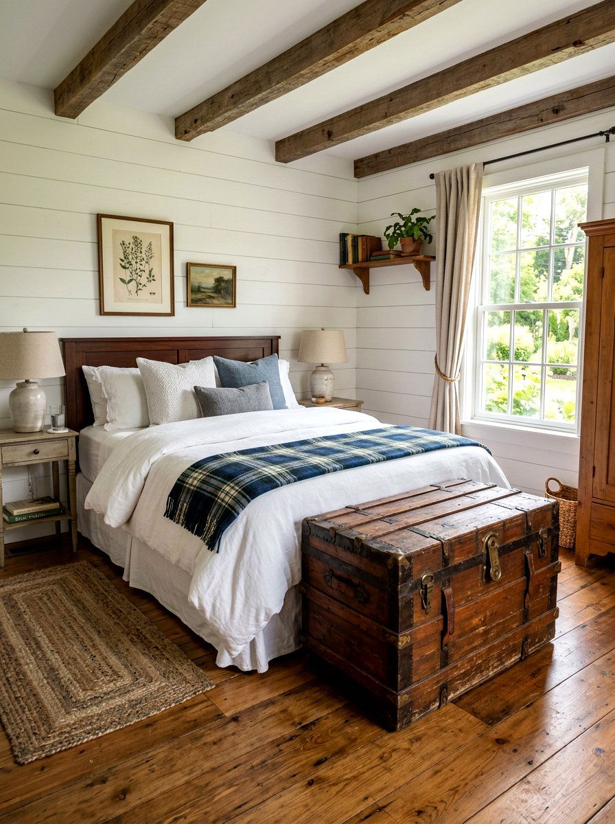 Vintage wooden trunk - 30 farmhouse bedroom ideas