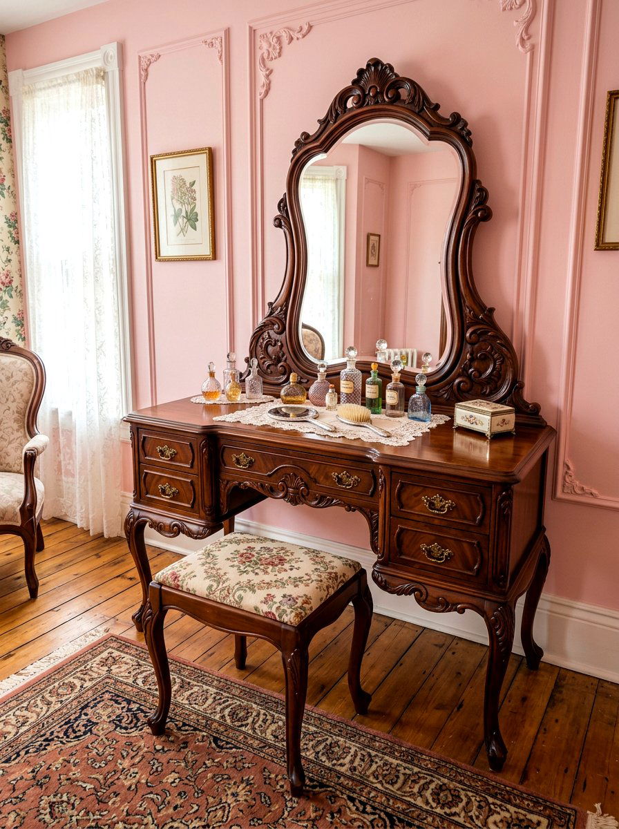 Vintage wooden vanity - 30 fairycore bedroom ideas