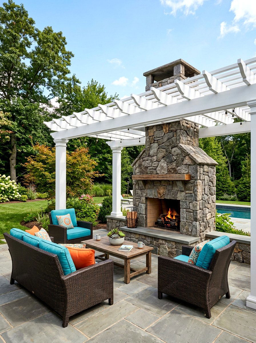 Vinyl Pergola Stone Fireplace Surround - 30 pergola with fireplace ideas