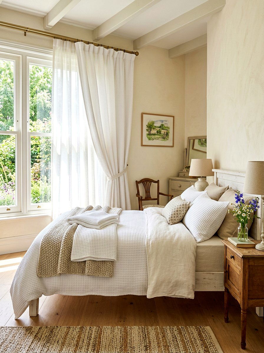Waffle knit and sheer curtains - 30 bedroom curtain layering ideas aesthetic