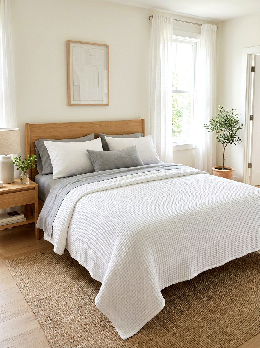 Waffle knit coverlet - 30 pillowy bed styling ideas