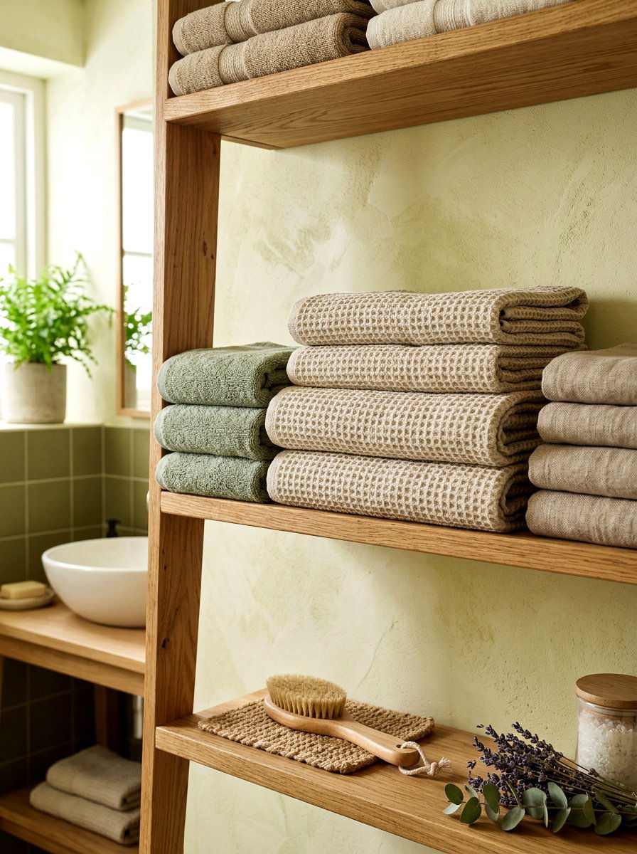 Waffle knit towels - 30 spa shelf styling bathroom ideas