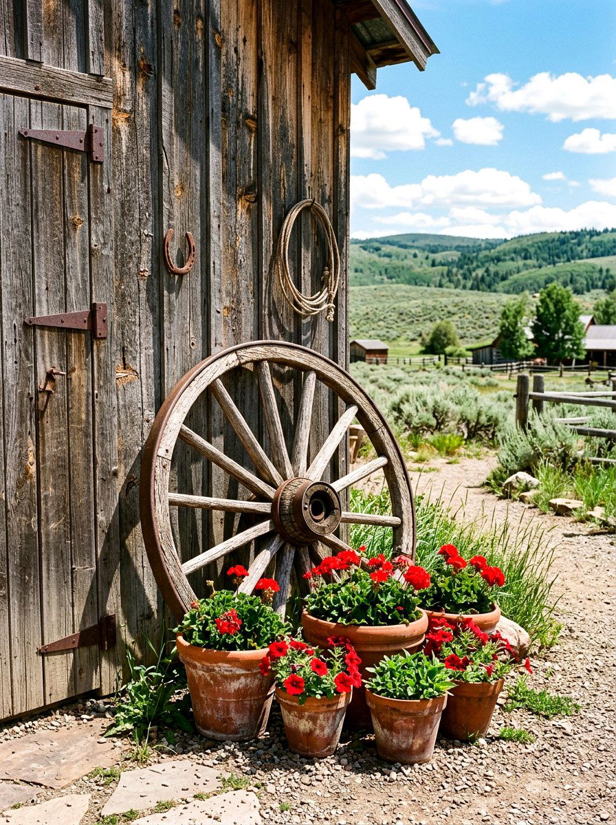 Wagon Wheel Display - 30 rustic container garden ideas