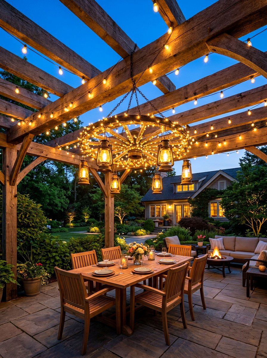 Wagon wheel backyard lighting - 30 wagon wheel garden ideas