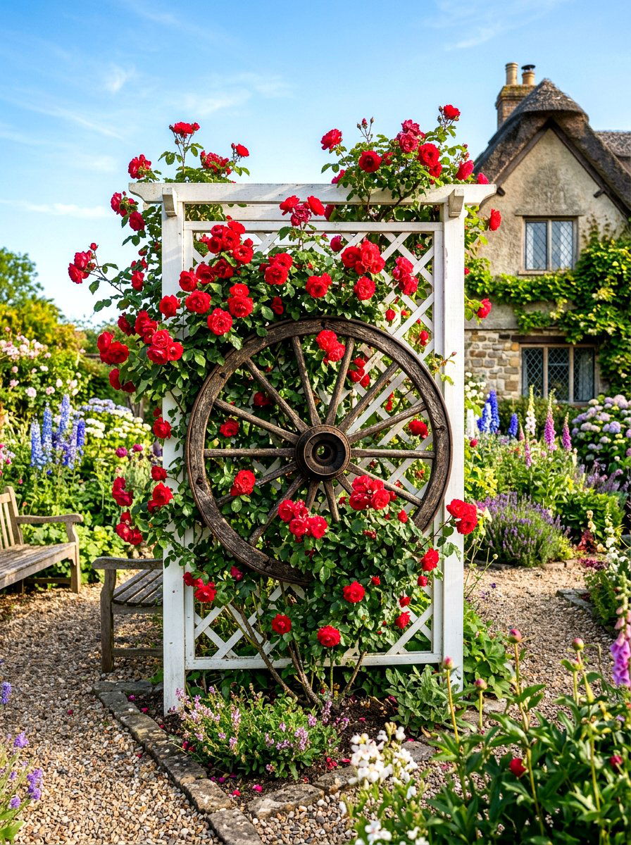 Wagon wheel climbing roses - 30 wagon wheel garden ideas