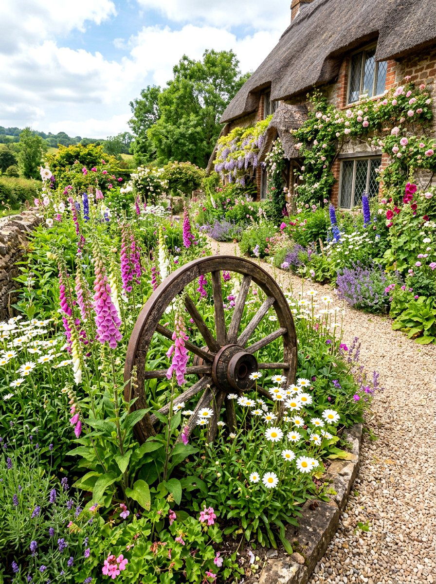 Wagon wheel cottage garden - 30 wagon wheel garden ideas