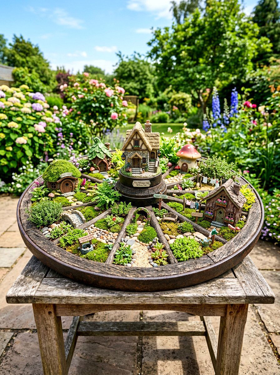 Wagon wheel fairy garden - 30 wagon wheel garden ideas