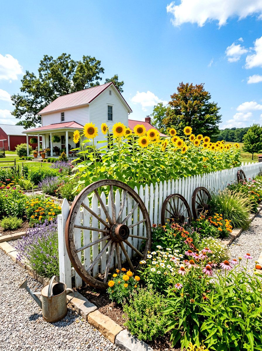 Wagon wheel farmhouse garden - 30 wagon wheel garden ideas