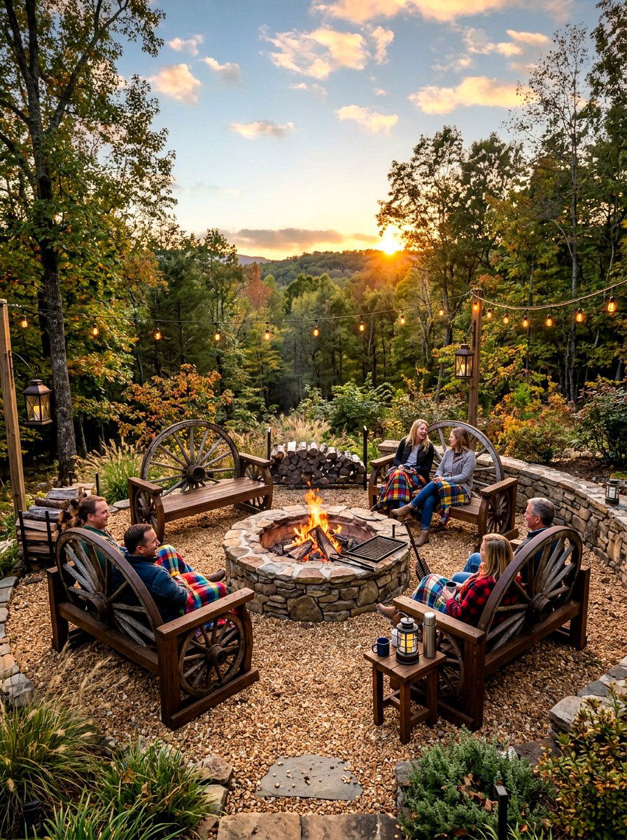 Wagon wheel fire pit area - 30 wagon wheel garden ideas
