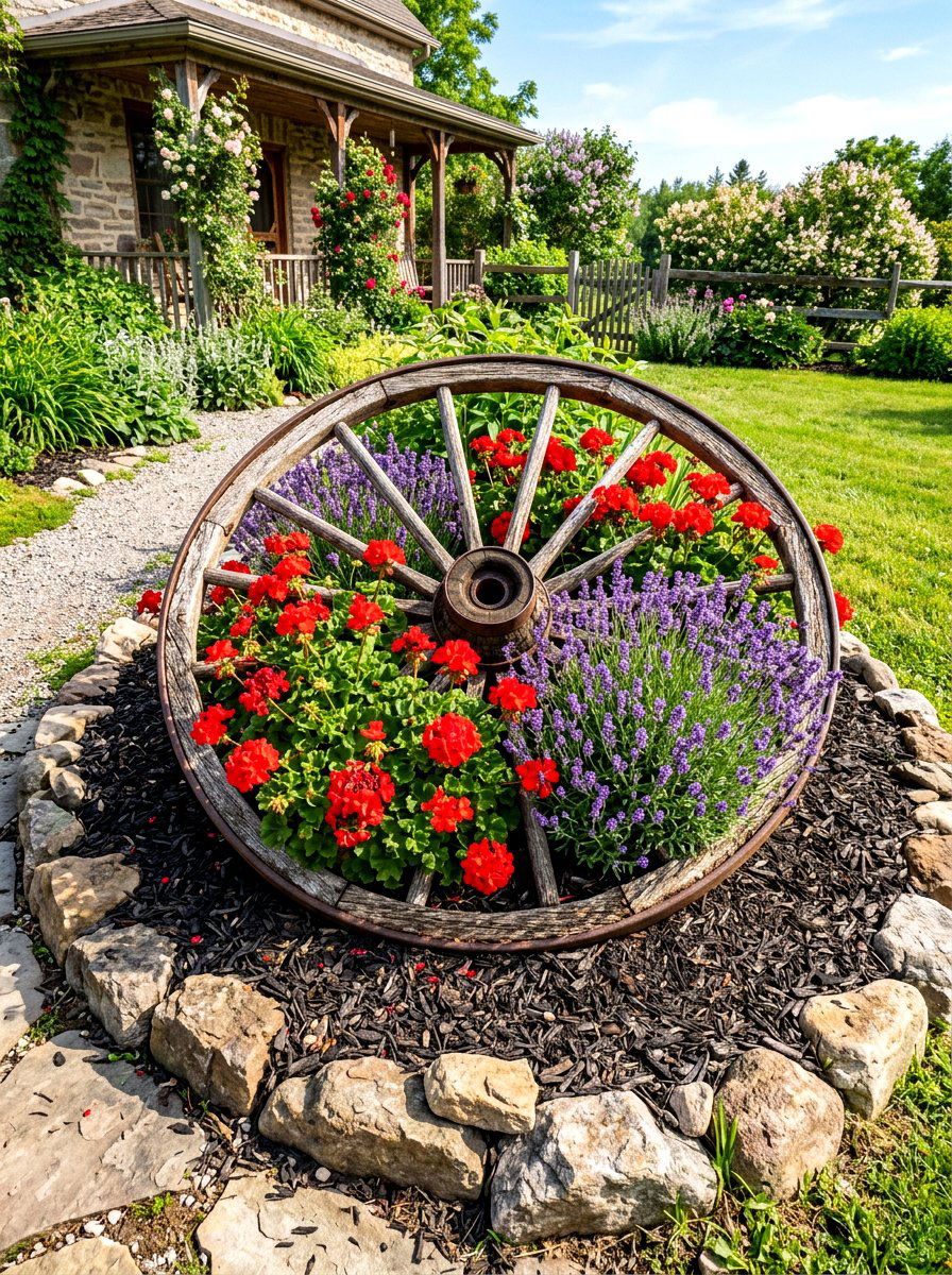 Wagon wheel flower bed - 30 wagon wheel garden ideas