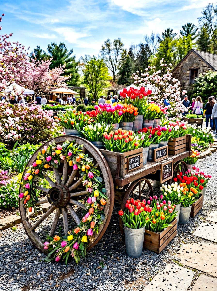Wagon wheel flower display - 30 wagon wheel garden ideas