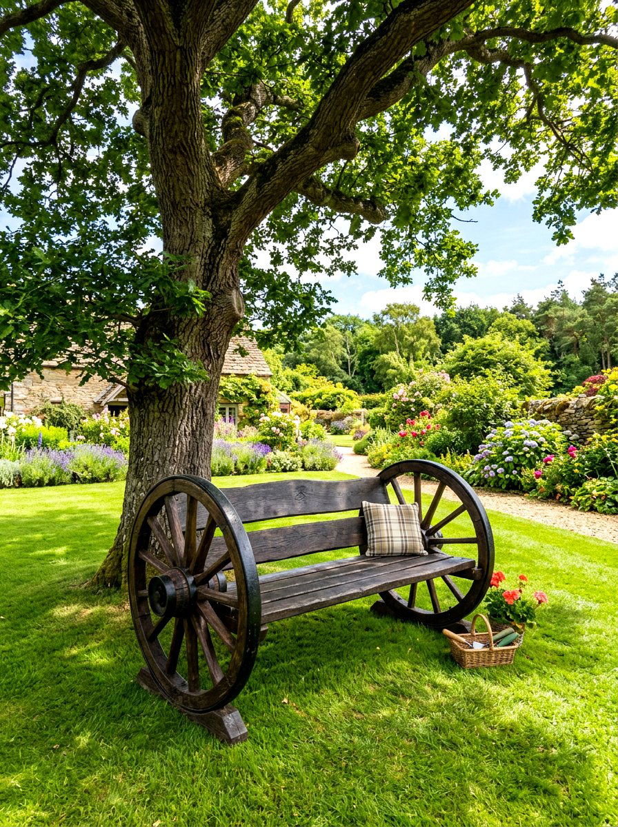 Wagon wheel garden bench - 30 wagon wheel garden ideas