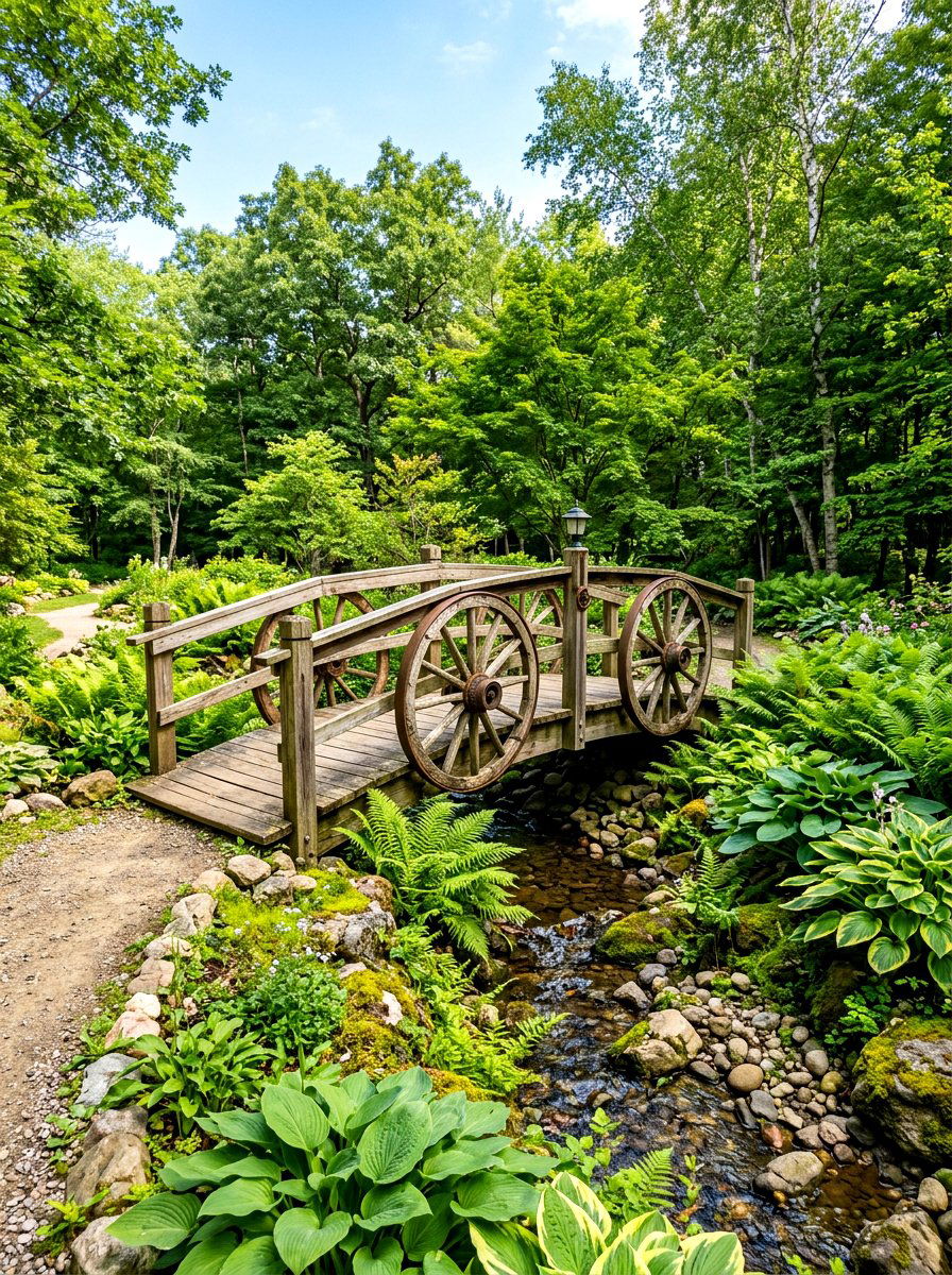 Wagon wheel garden bridge - 30 wagon wheel garden ideas