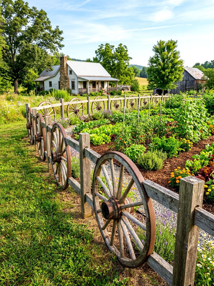 Wagon wheel garden fence - 30 wagon wheel garden ideas