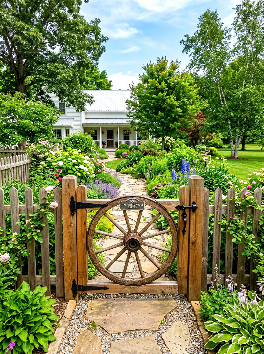 Wagon wheel garden gate - 30 wagon wheel garden ideas