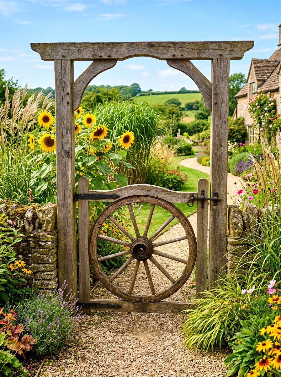 Wagon wheel garden gate - 30 antique garden gate ideas