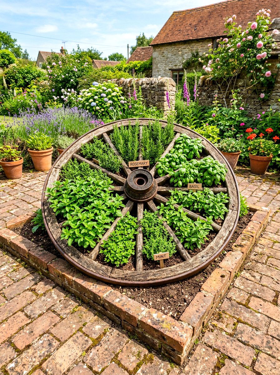 Wagon wheel herb garden - 30 wagon wheel garden ideas