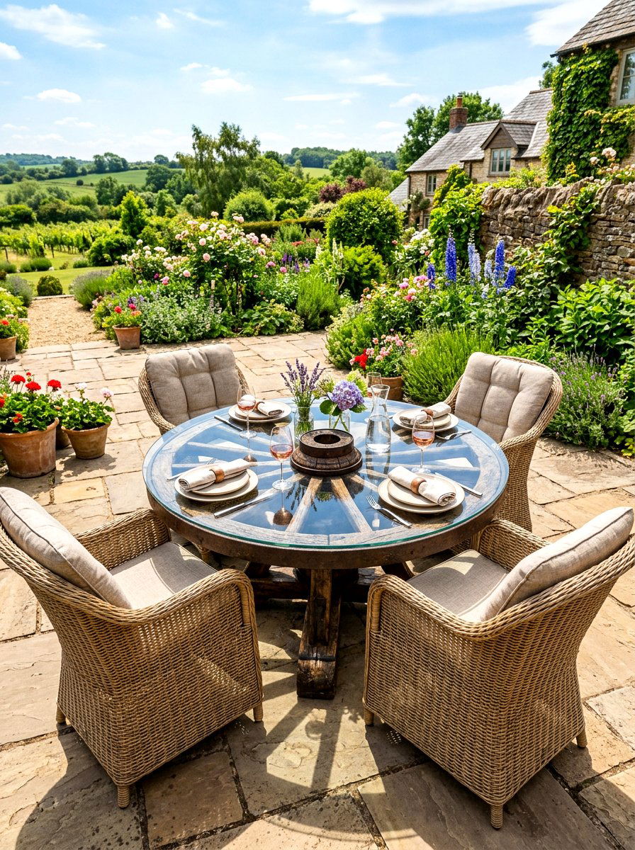 Wagon wheel patio table - 30 wagon wheel garden ideas