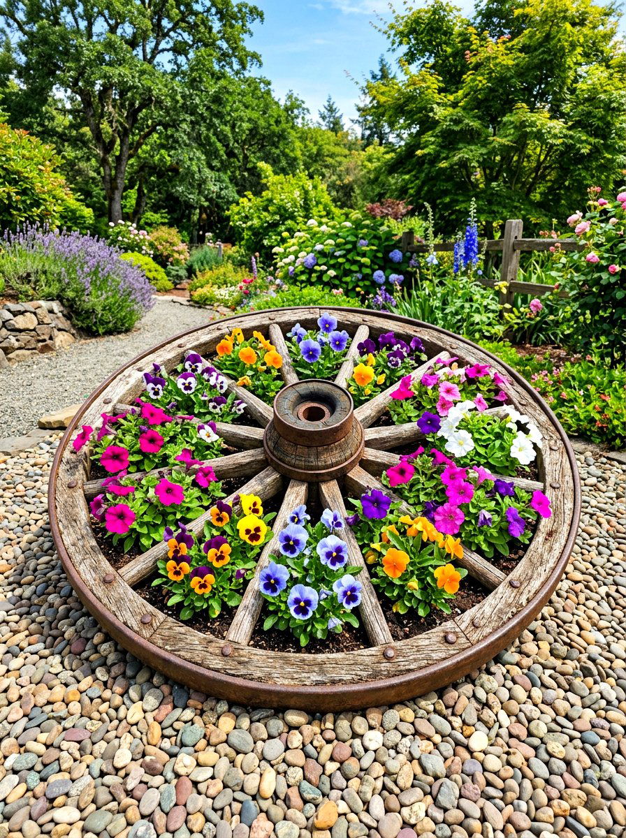 Wagon wheel planter - 30 wagon wheel garden ideas