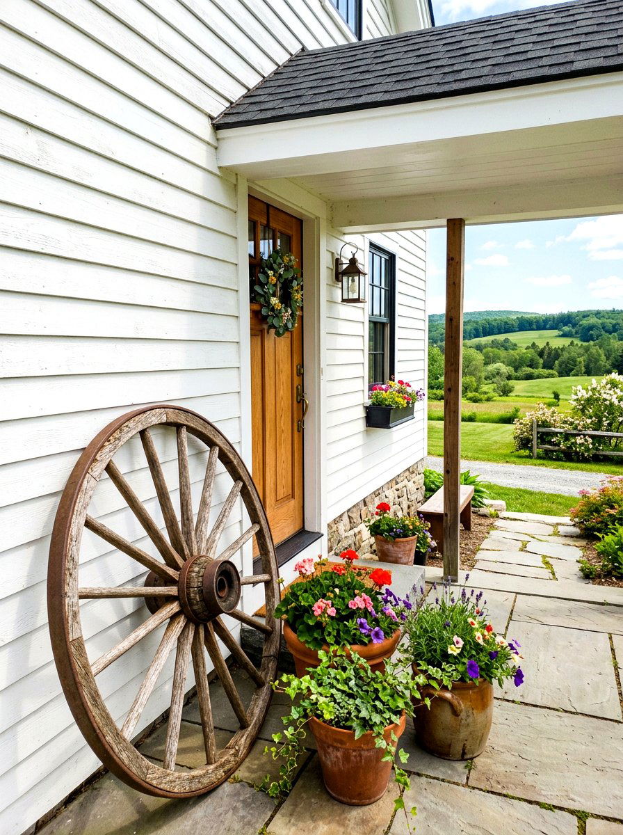 Wagon wheel porch decor - 30 wagon wheel garden ideas