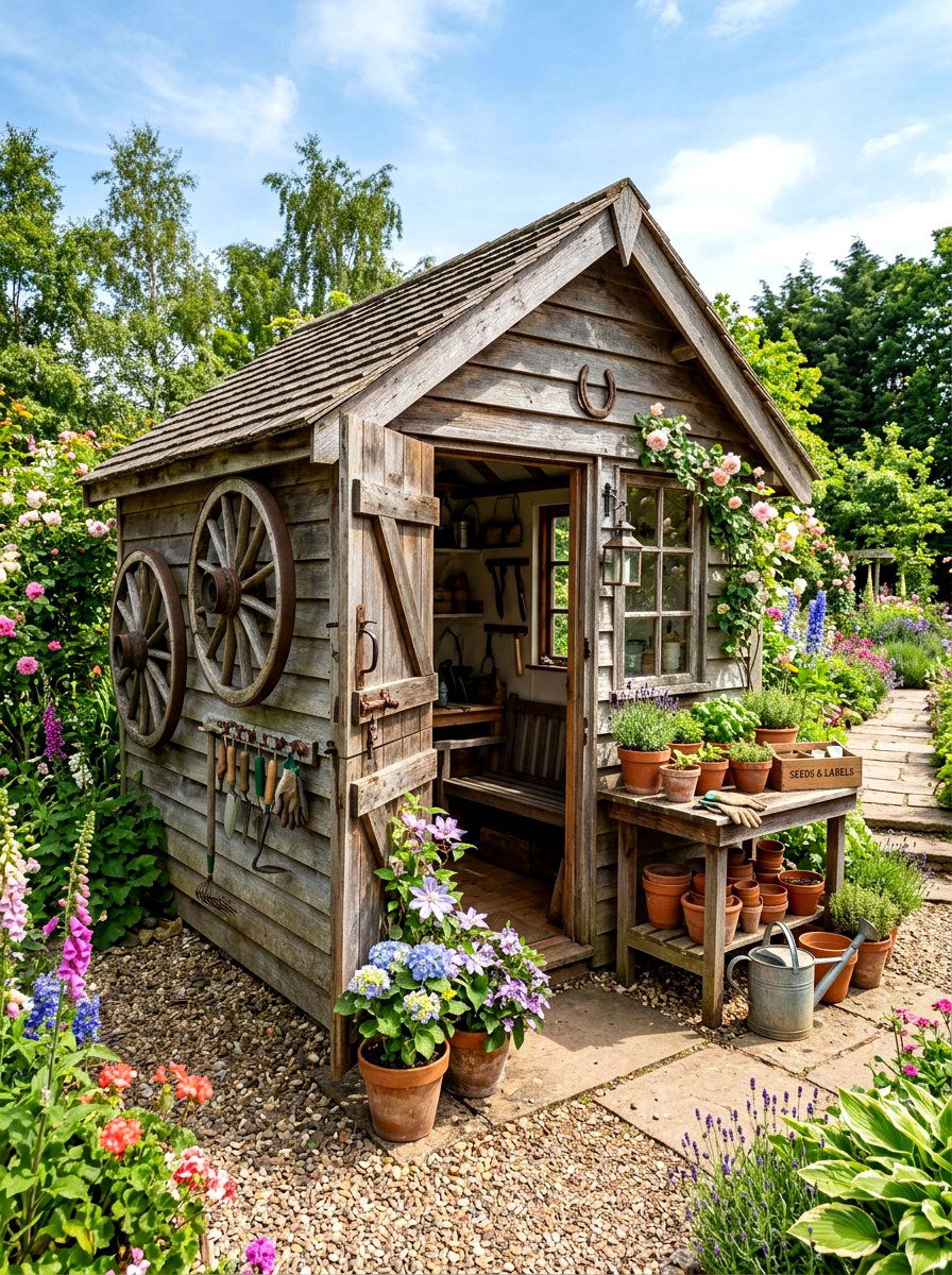 Wagon wheel potting shed - 30 wagon wheel garden ideas