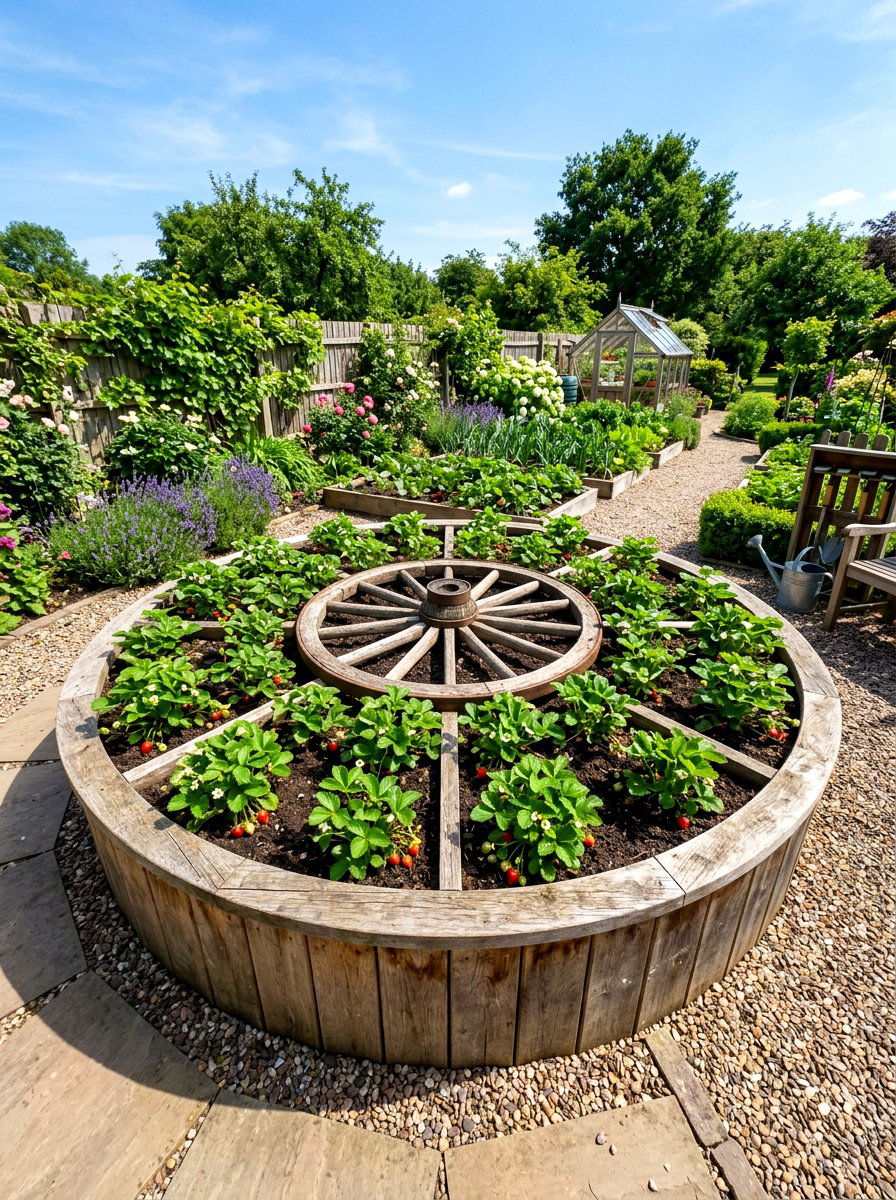 Wagon wheel raised bed - 30 wagon wheel garden ideas