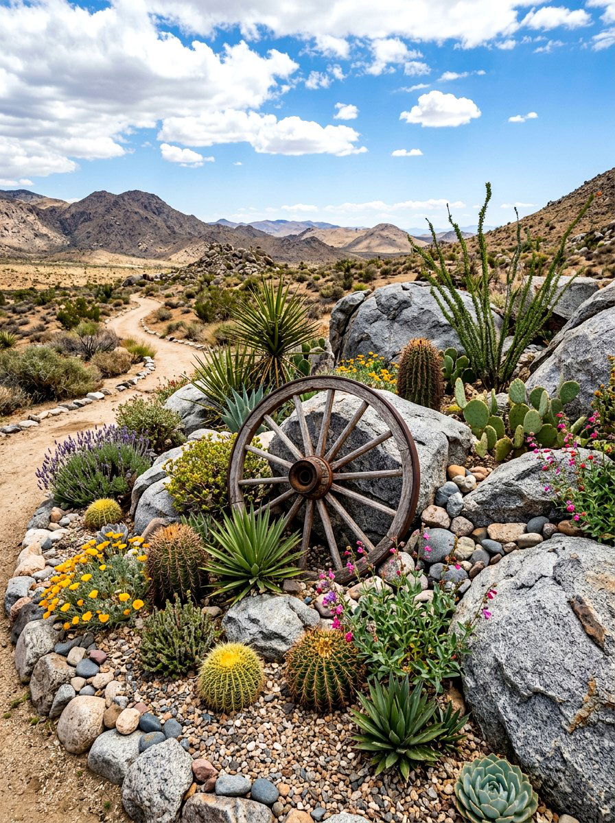 Wagon wheel rock garden - 30 wagon wheel garden ideas