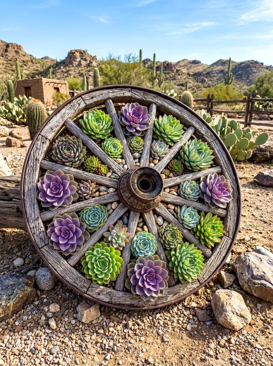 Wagon wheel succulent garden - 30 wagon wheel garden ideas