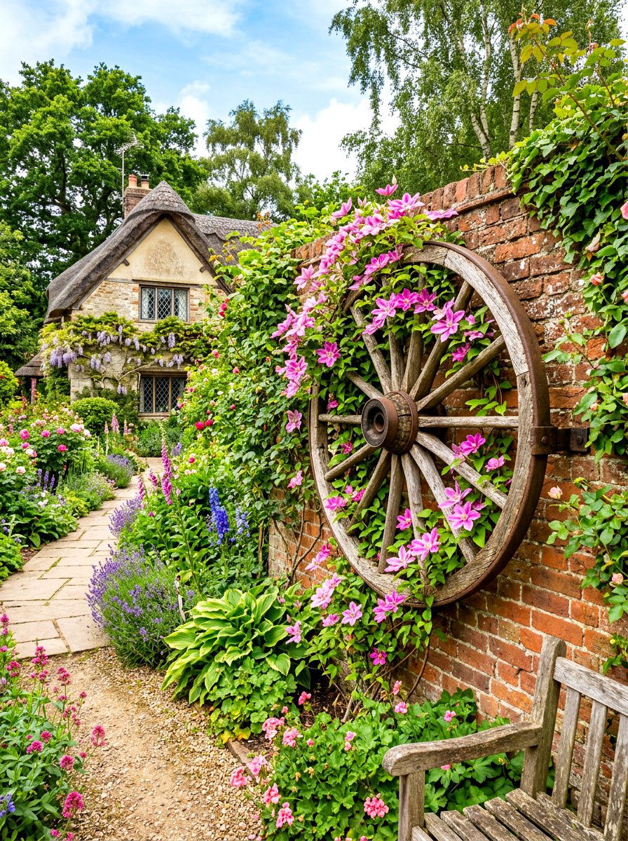 Wagon wheel trellis - 30 wagon wheel garden ideas