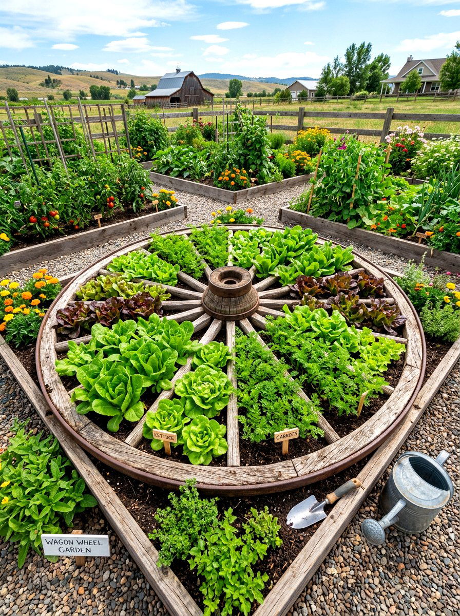 Wagon wheel vegetable garden - 30 wagon wheel garden ideas