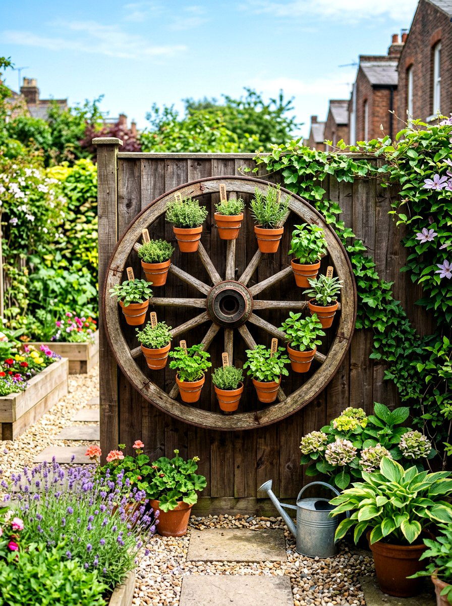 Wagon wheel vertical garden - 30 wagon wheel garden ideas