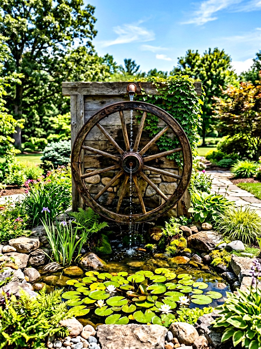 Wagon wheel water feature - 30 wagon wheel garden ideas