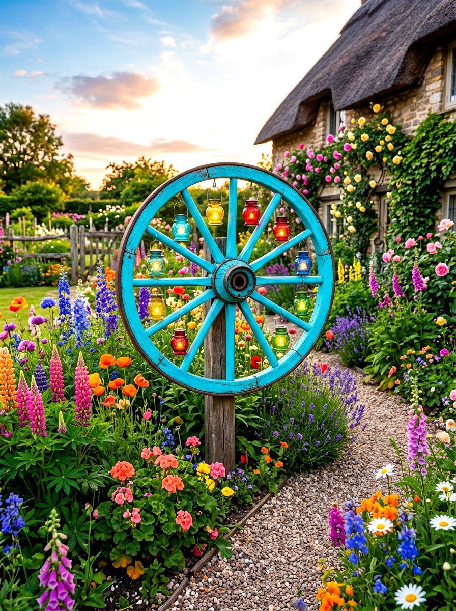 Wagon wheel yard art - 30 wagon wheel garden ideas
