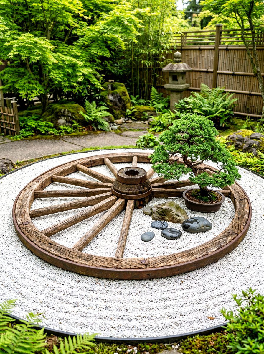 Wagon wheel zen garden - 30 wagon wheel garden ideas