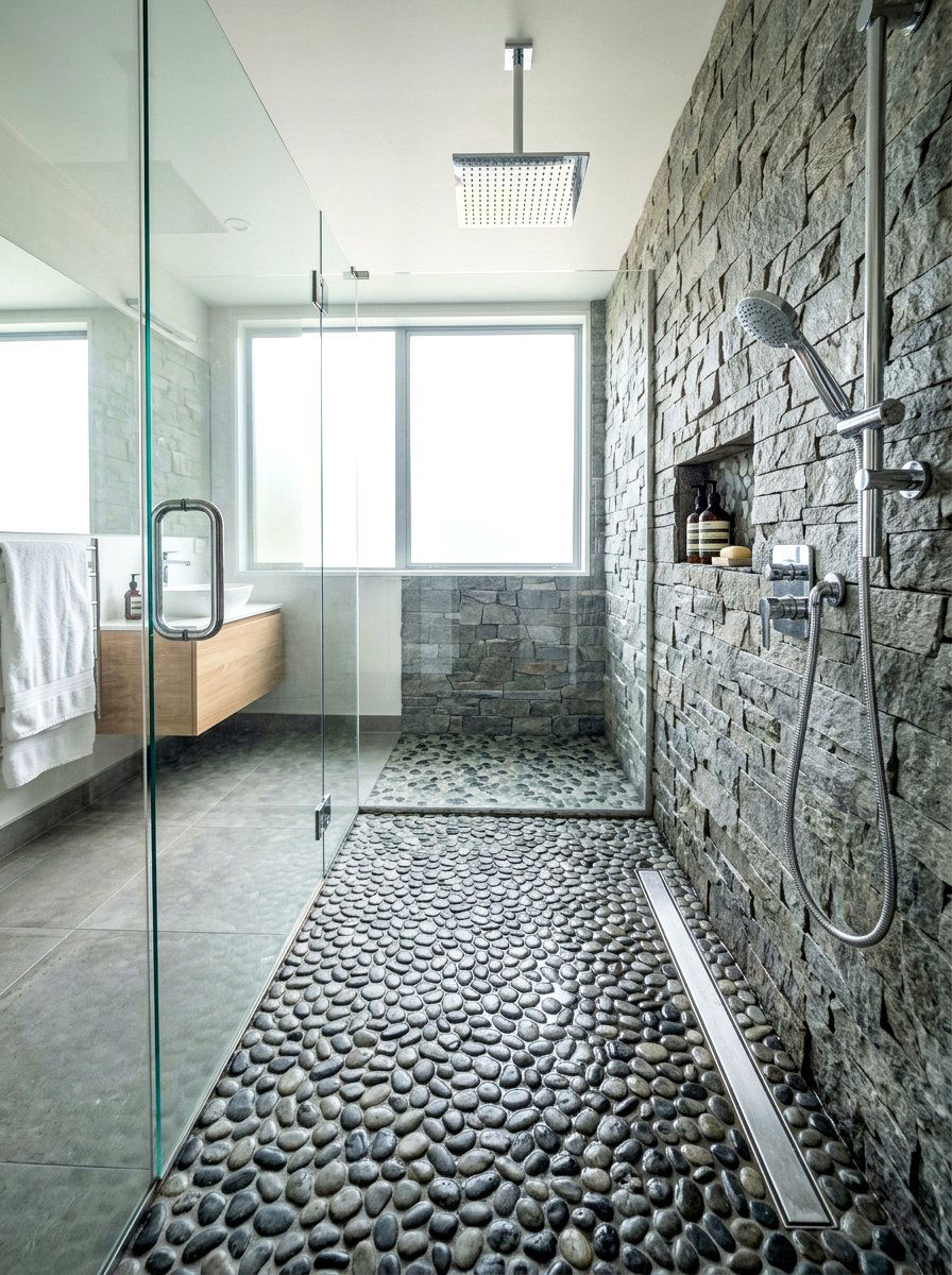 Walk In Pebble Shower - 30 cabin bathroom ideas