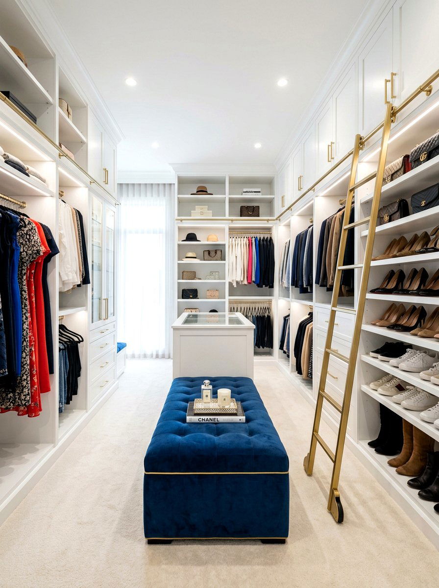 Walk in closet with sliding ladder - 30 library ladder ideas