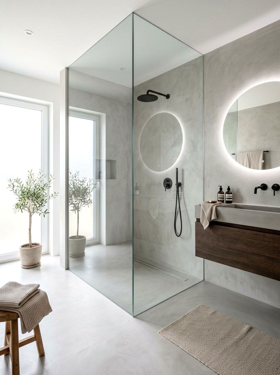 Walk in microcement shower - 30 microcement shower ideas
