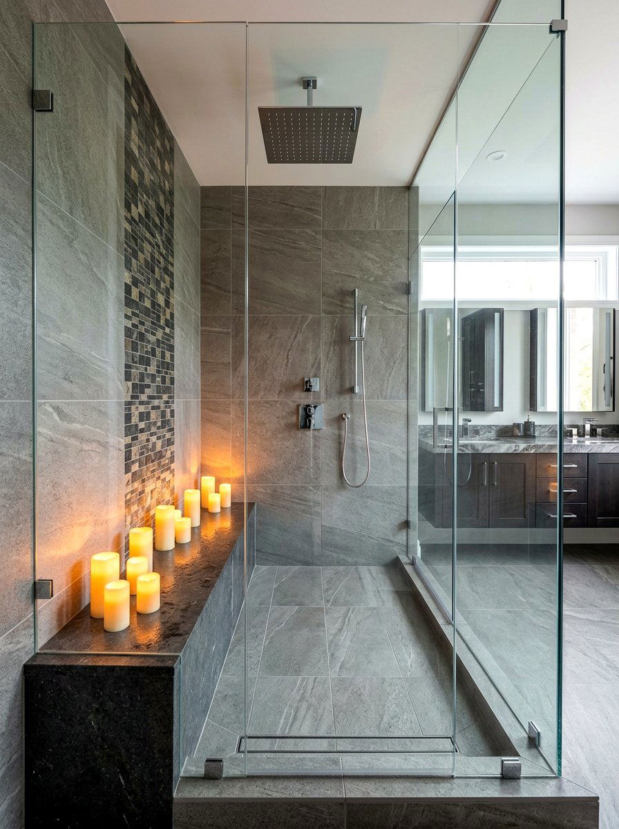 Walk in shower with waterproof LED candles - 30 candlelit bathroom ideas