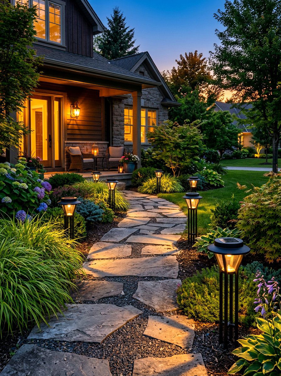 Walkway solar lights - 30 front porch winter glow ideas