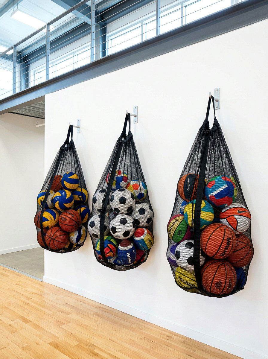 Wall Hanging Mesh Ball Bags - 30 garage sports equipment storage ideas