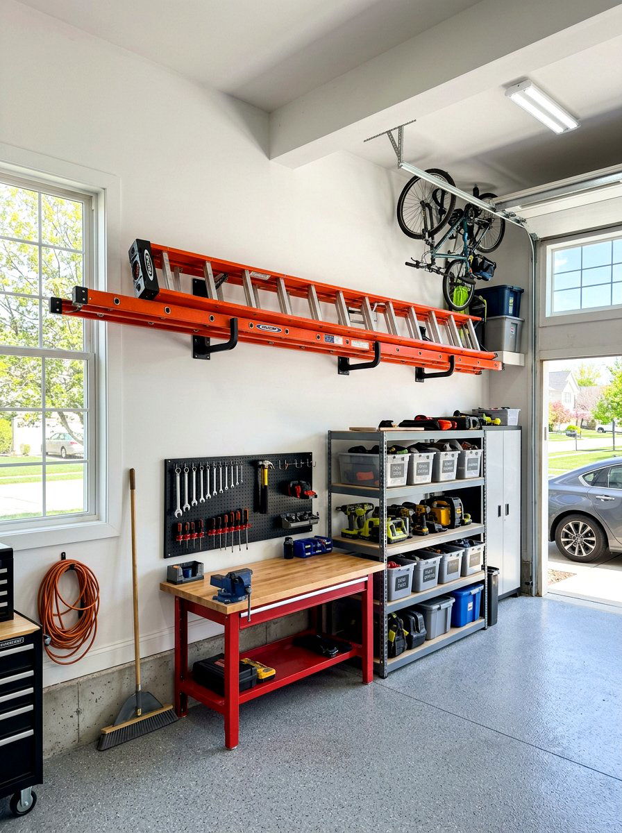 Wall Ladder Hook System - 30 garage organization for small spaces ideas