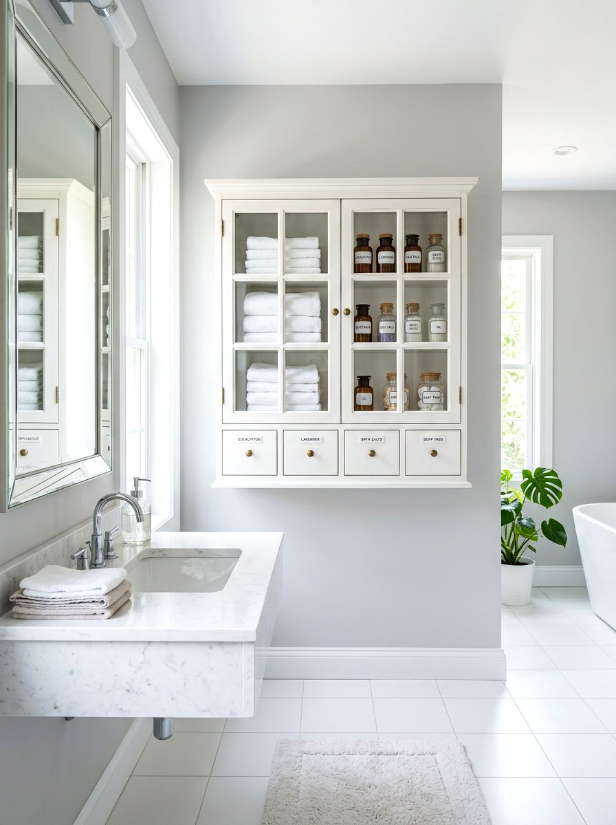 Wall Mounted Apothecary Cabinet - 30 bathroom linen shelf ideas