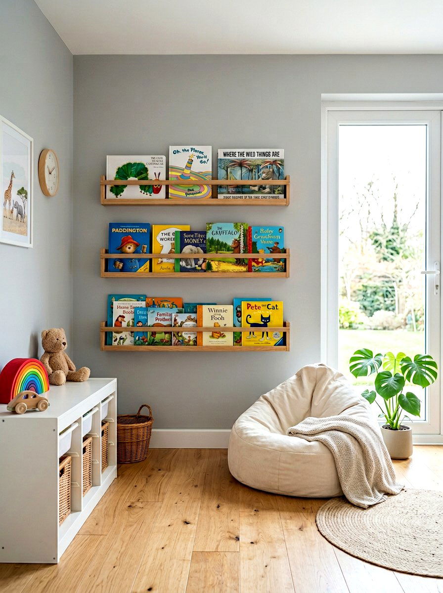 Wall Mounted Book Ledge - 30 playroom bookshelf ideas