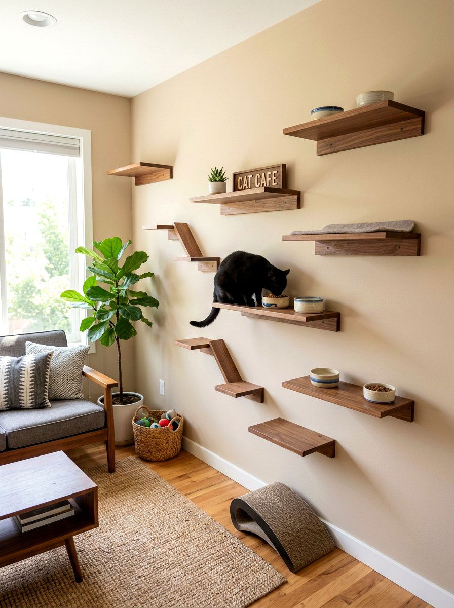 Wall Mounted Cat Feeding Shelf - 30 pet feeding station ideas