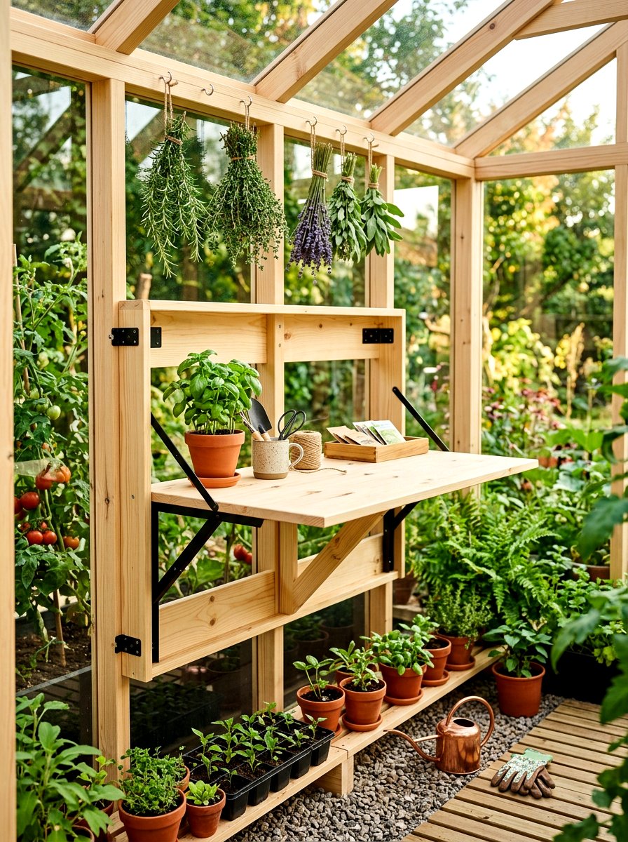 Wall Mounted Folding Workbench - 30 greenhouse storage bench ideas