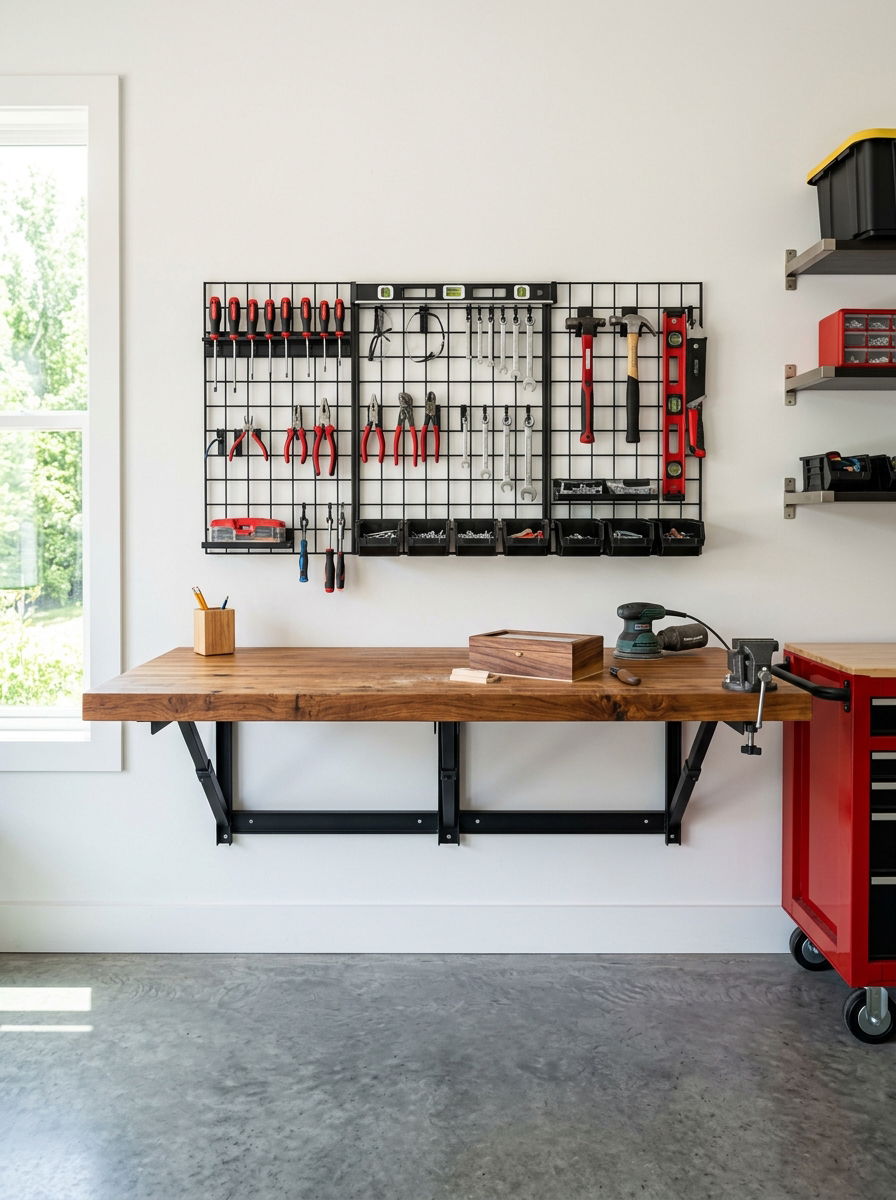Wall Mounted Folding Workbench - 30 shed organization ideas