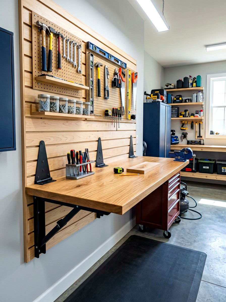 Wall Mounted Folding Workbench Station - 30 garage organization for small spaces ideas