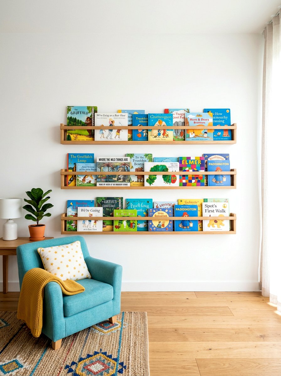 Wall Mounted Front Facing Book Display - 30 Montessori playroom ideas